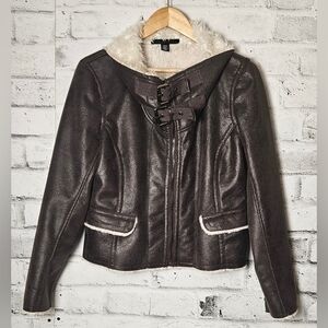 Kenneth Cole Faux Shearling Aviator Moto Jacket Brown Buckle Collar M